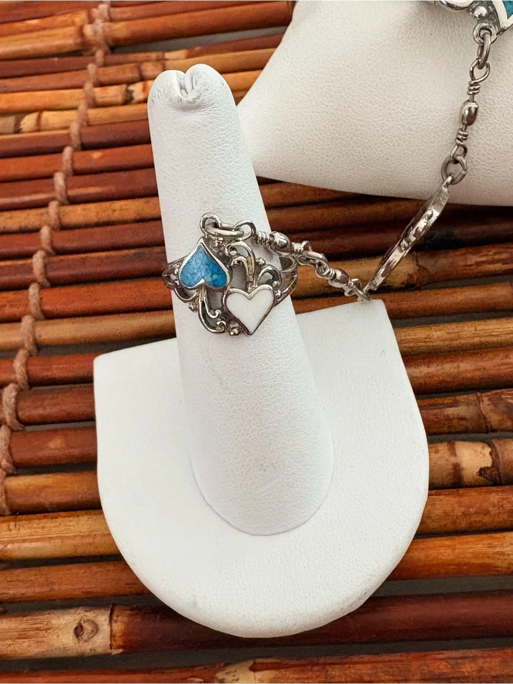 Silver Tone Heart Bracelet Faux Turquoise and Ring Size 7